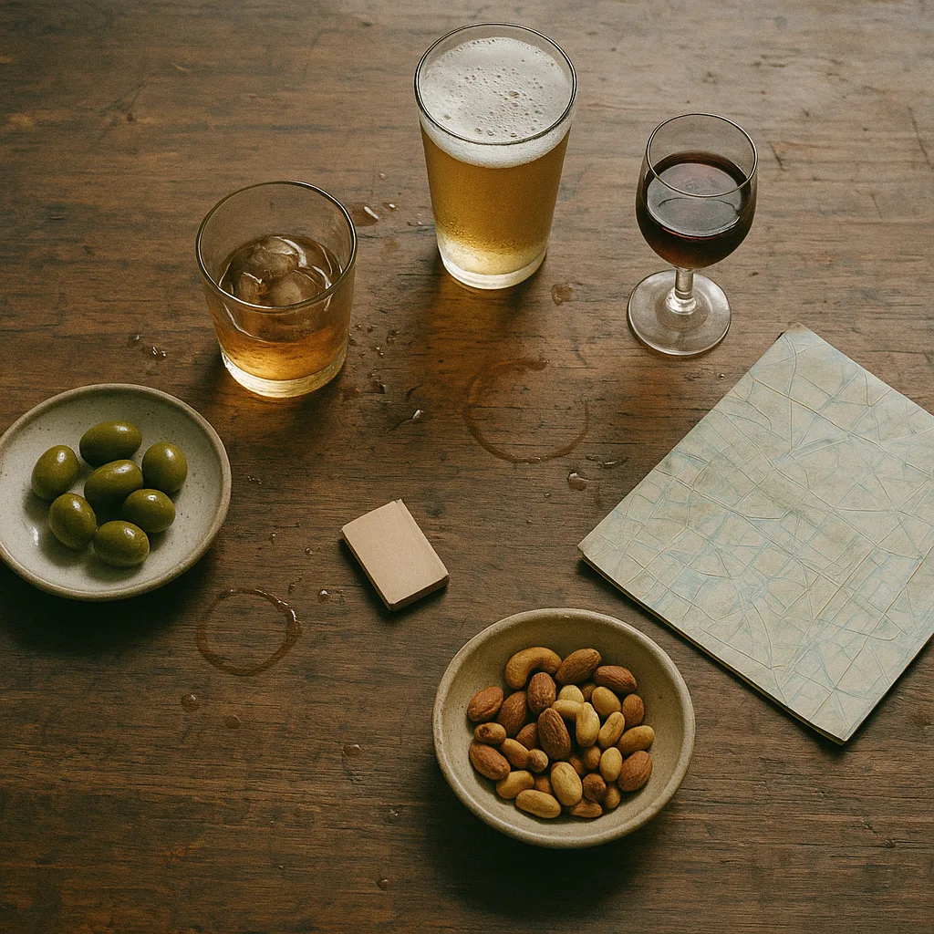 Drinks, snacks and a folded city map on a bar table at a travel meetup