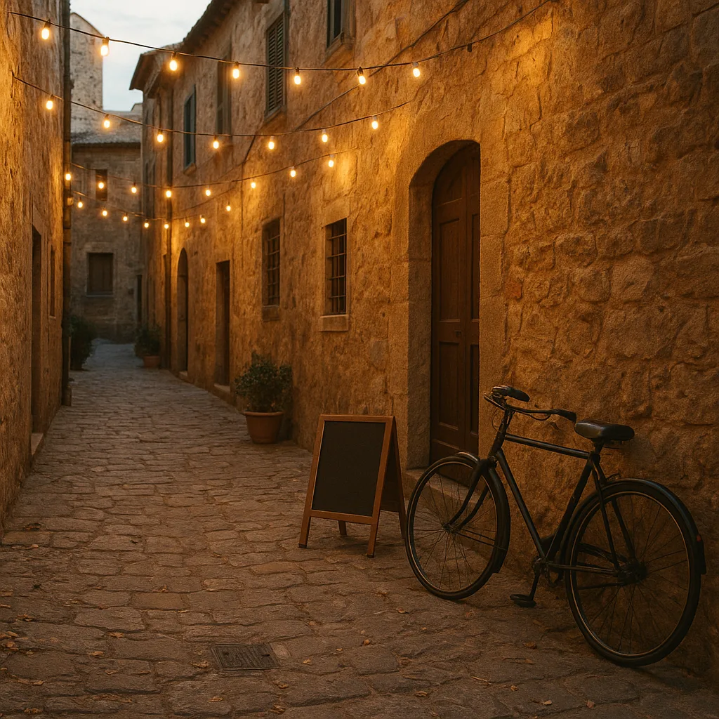 String-lit old-town lane at dusk, a relaxed evening meetup spot for travelers