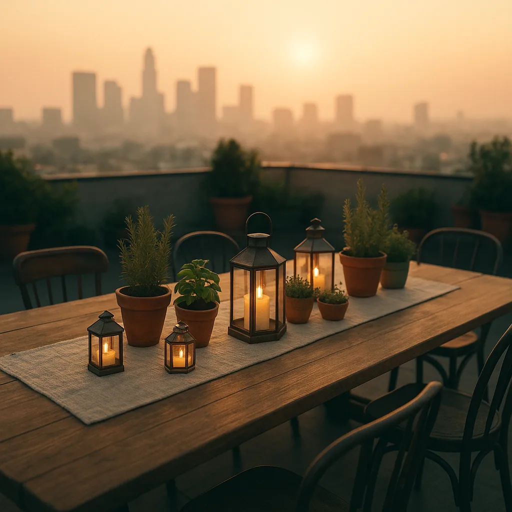 Rooftop terrace set with lanterns for a communal dinner at golden hour