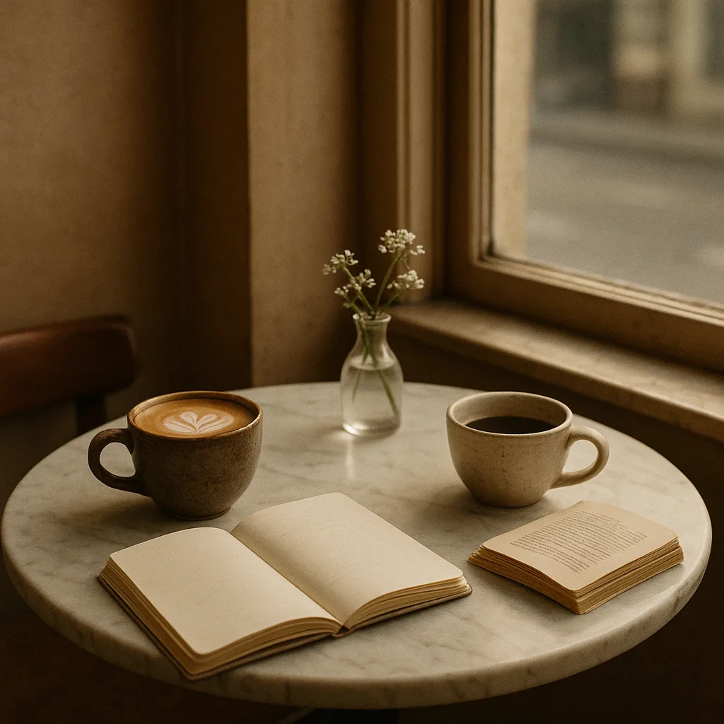 Quiet cafe corner with two coffee cups and a guidebook, meeting someone new over coffee